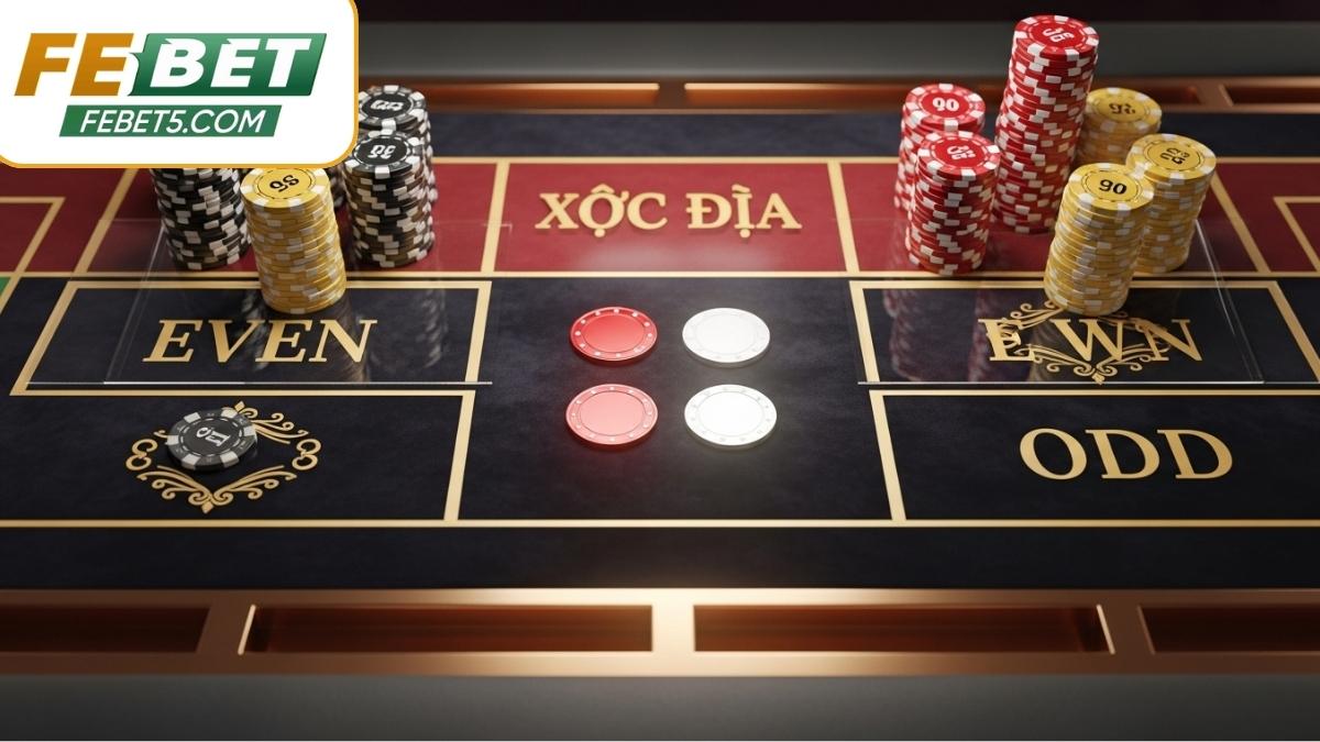 Giao diện bàn cược trực quan với các cửa Chẵn/Lẻ và 4 quân vị đỏ trắng đặc trưng.